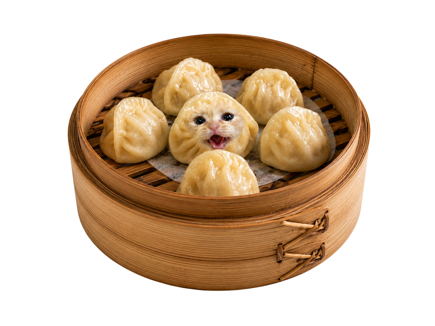 Bamboo steamer with six dumplings, one of them a cat